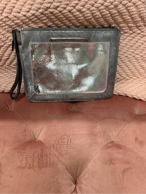 Metallic Silver Wristlet Clutch with Front Pocket